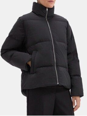 Theory Cropped Puffer Jacket Large Black Down Quilted Polished Nylon